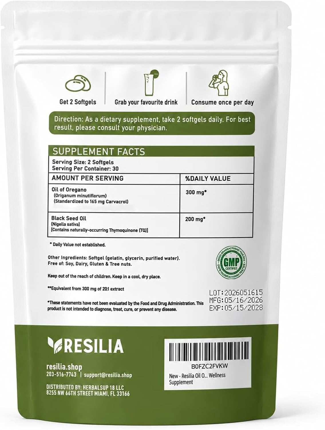 Resilia Oil Of Oregano Softgels with Black Seed Oil - 60 Softgels | Non-GMO, Gluten-Free and Soy-Free