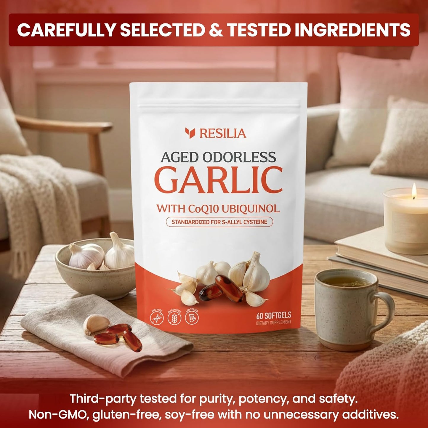 Resilia Odorless Aged Garlic Extract Softgels (60 Count) | 600mg Aged Garlic Extract Per Serving