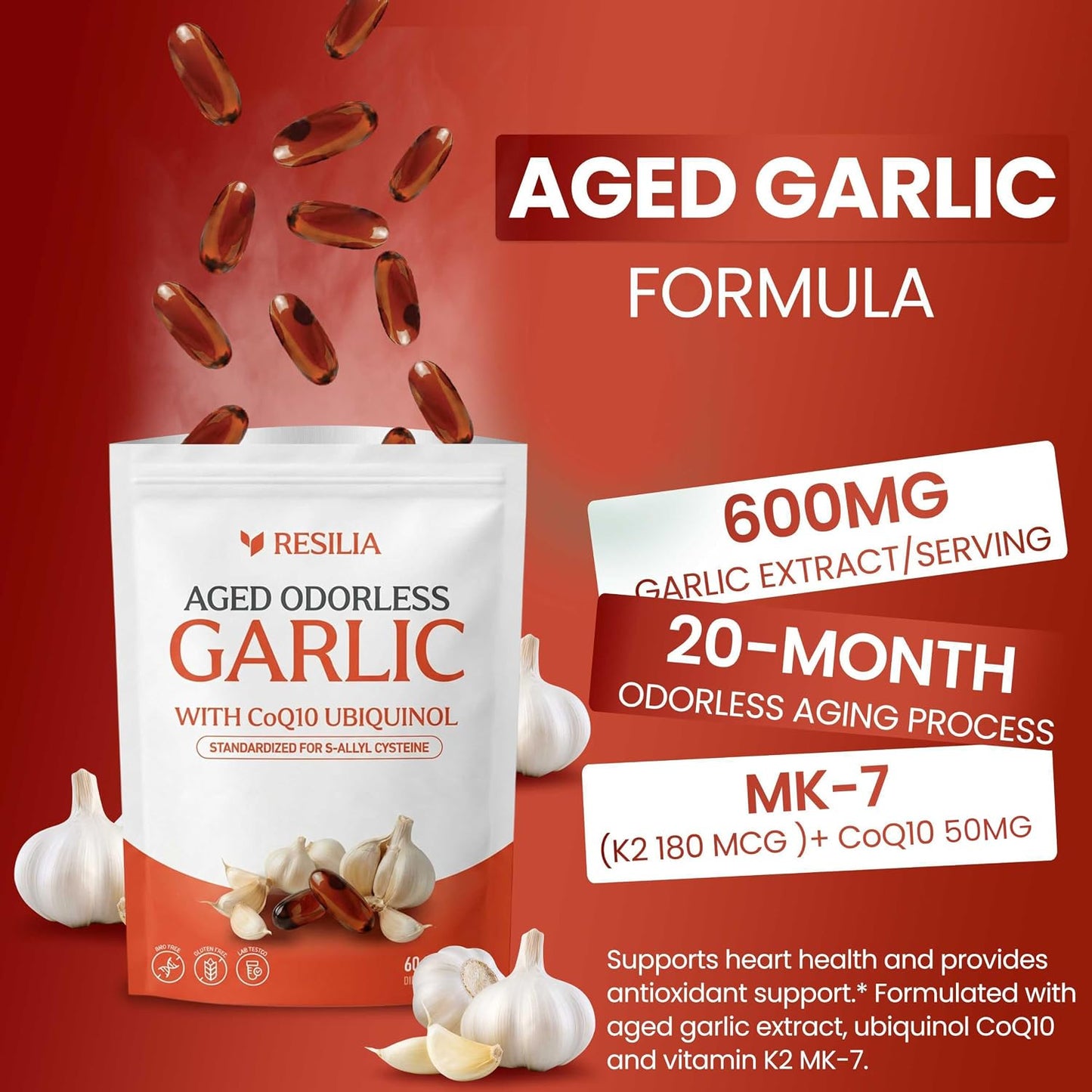 Resilia Odorless Aged Garlic Extract Softgels (60 Count) | 600mg Aged Garlic Extract Per Serving