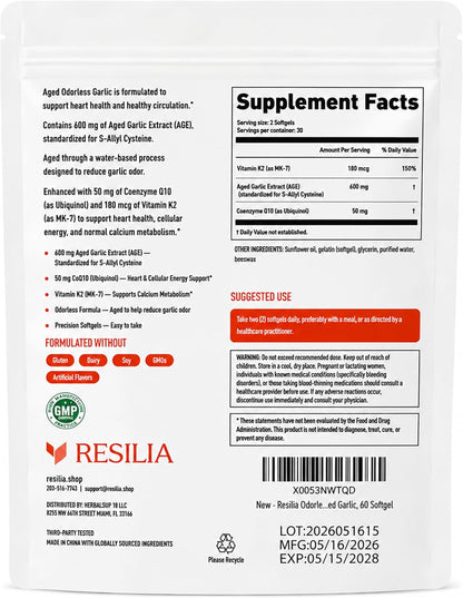 Resilia Odorless Aged Garlic Extract Softgels (60 Count) | 600mg Aged Garlic Extract Per Serving